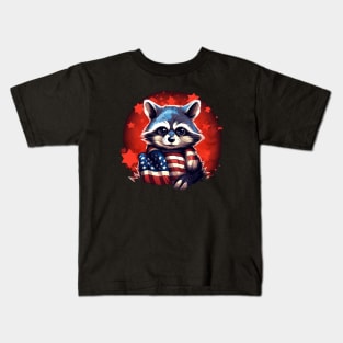 yES raccoon proudly American flaG Kids T-Shirt